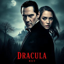 A unique and captivating movie poster for 'Dracula | First (2025)', featuring Keanu Reeves as Count Dracula and Elizabeth Olsen as Mina