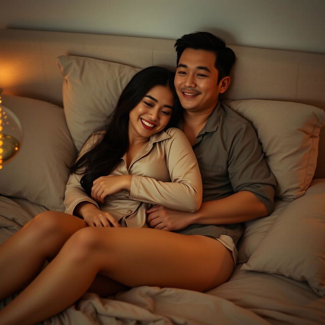A Chinese man lying in a cozy bedroom at night, tenderly hugging a beautiful and sexy woman dressed in chic pajamas