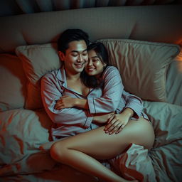 A Chinese man lying in a cozy bedroom at night, tenderly hugging a beautiful and sexy woman dressed in chic pajamas