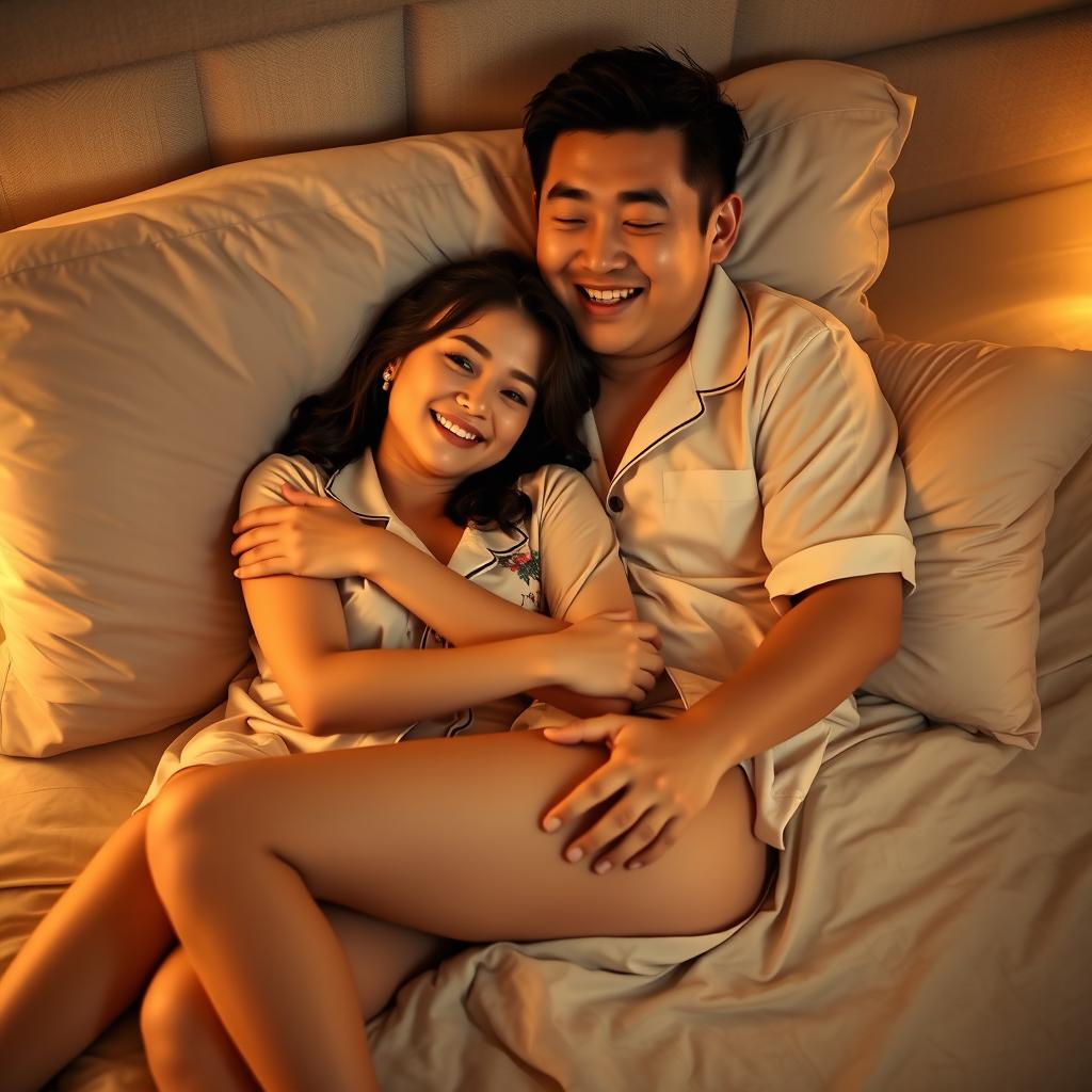 A Chinese man lying in a cozy bedroom at night, tenderly hugging a beautiful and sexy woman dressed in chic pajamas