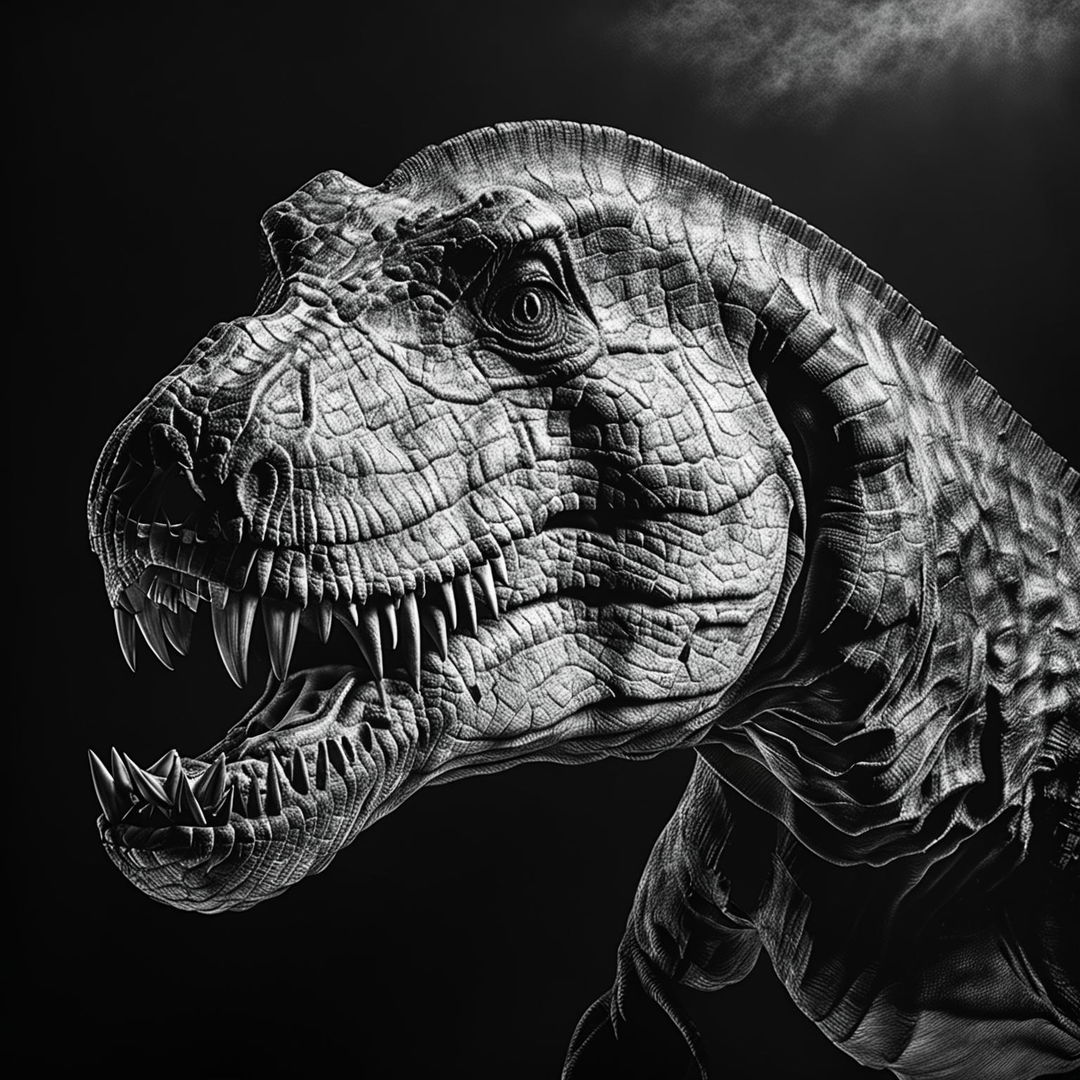 This high-quality, black and white studio-lit portrait of a Tyrannosaurus Rex features a proportionately sized lower jaw