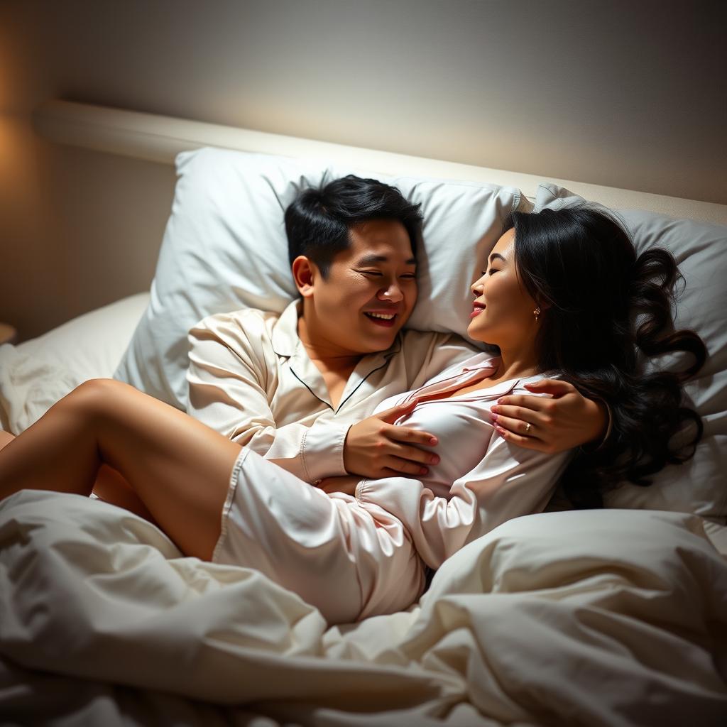 A Chinese man comfortably lying in bed, affectionately hugging a beautiful and sexy woman clad in elegant pajamas