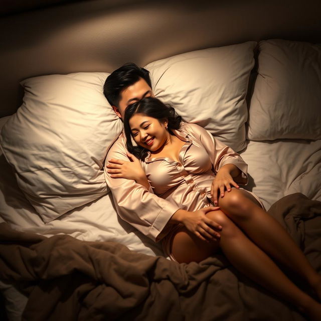 A Chinese man comfortably lying in bed, affectionately hugging a beautiful and sexy woman clad in elegant pajamas