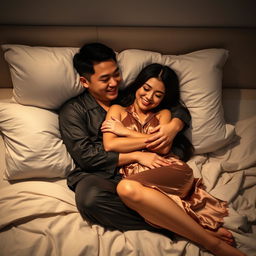 A Chinese man comfortably lying in bed, affectionately hugging a beautiful and sexy woman clad in elegant pajamas