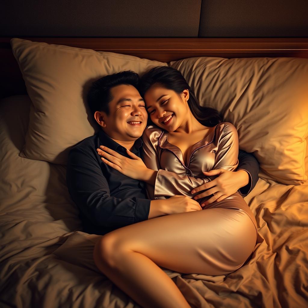 A Chinese man comfortably lying in bed, affectionately hugging a beautiful and sexy woman clad in elegant pajamas