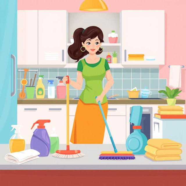 An illustration visualizing cleaning tips for housewives, featuring a clean and organized kitchen filled with vibrant colors