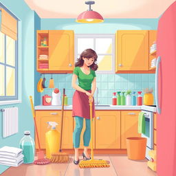 An illustration visualizing cleaning tips for housewives, featuring a clean and organized kitchen filled with vibrant colors