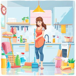 An illustration visualizing cleaning tips for housewives, featuring a clean and organized kitchen filled with vibrant colors
