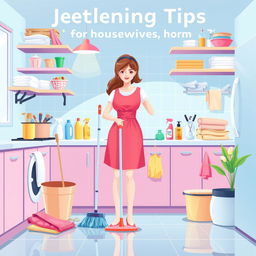 An illustration visualizing cleaning tips for housewives, featuring a clean and organized kitchen filled with vibrant colors
