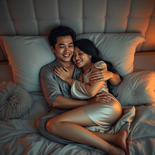 A Chinese man lying comfortably in a cozy bedroom at night, affectionately hugging a beautiful and sexy woman dressed in elegant pajamas