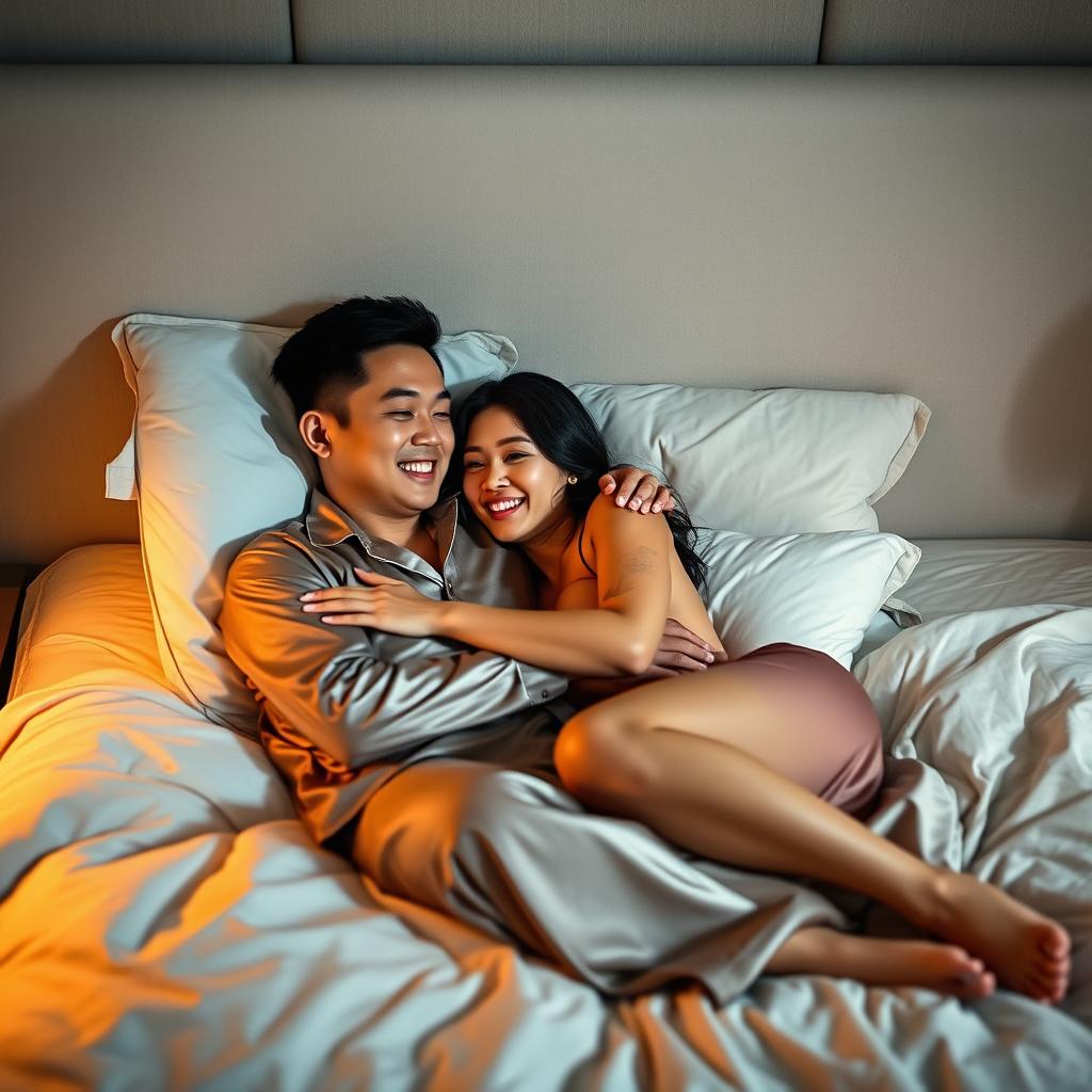 A Chinese man lying comfortably in a cozy bedroom at night, affectionately hugging a beautiful and sexy woman dressed in elegant pajamas