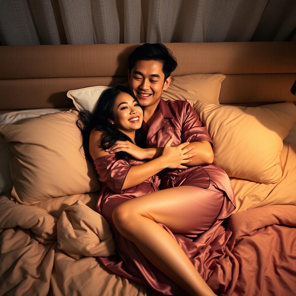 A Chinese man lying comfortably in a cozy bedroom at night, affectionately hugging a beautiful and sexy woman dressed in elegant pajamas