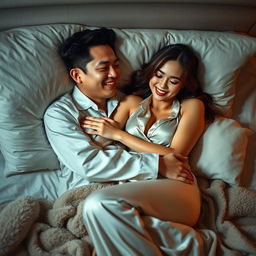 A Chinese man lying comfortably in a cozy bedroom at night, affectionately hugging a beautiful and sexy woman dressed in elegant pajamas