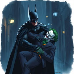 A dramatic and emotional scene featuring Batman cradling the lifeless body of the Joker in his arms