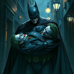 A dramatic and emotional scene featuring Batman cradling the lifeless body of the Joker in his arms