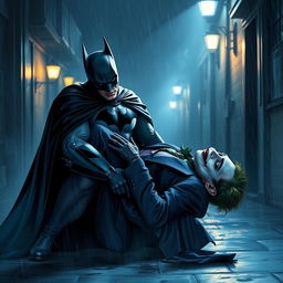 A dramatic and emotional scene featuring Batman cradling the lifeless body of the Joker in his arms
