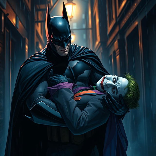 A dramatic and emotional scene featuring Batman cradling the lifeless body of the Joker in his arms