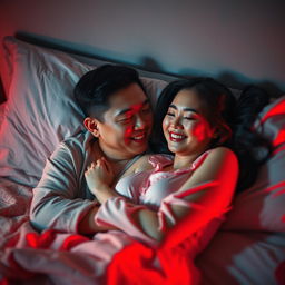 A Chinese man lying in a cozy bedroom at night, affectionately hugging a beautiful and sexy woman dressed in stylish pajamas, illuminated by soft red light