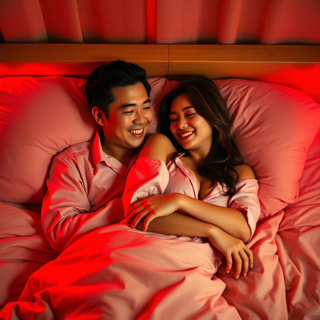 A Chinese man lying in a cozy bedroom at night, affectionately hugging a beautiful and sexy woman dressed in stylish pajamas, illuminated by soft red light