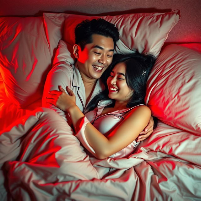A Chinese man lying in a cozy bedroom at night, affectionately hugging a beautiful and sexy woman dressed in stylish pajamas, illuminated by soft red light