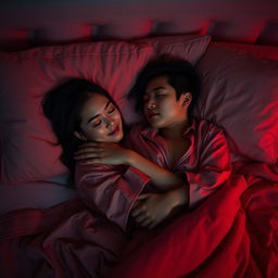 A Chinese man lying in a cozy bedroom at night, lovingly hugging a beautiful and sexy woman dressed in stylish pajamas