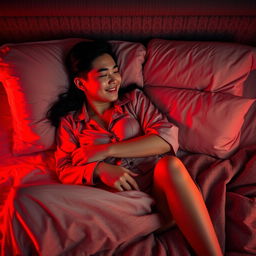 A Chinese man lying in a cozy bedroom at night, lovingly hugging a beautiful and sexy woman dressed in stylish pajamas