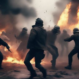 A high-quality digital art piece showcasing a chaotic riot scene