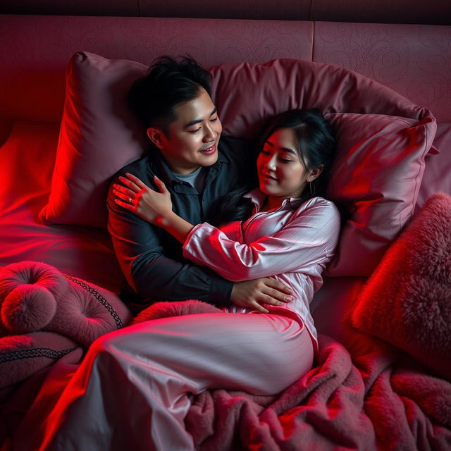 A Chinese man lying in a cozy bedroom at night, lovingly hugging a beautiful and sexy woman dressed in stylish pajamas