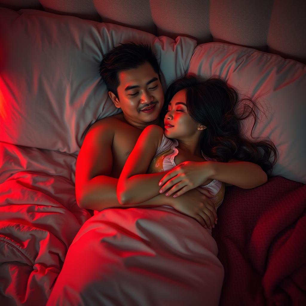 A Chinese man lying in a cozy bedroom at night, lovingly embracing a beautiful and sexy woman in stylish pajamas