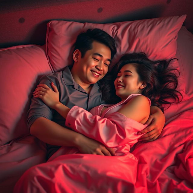 A Chinese man lying in a cozy bedroom at night, lovingly embracing a beautiful and sexy woman in stylish pajamas