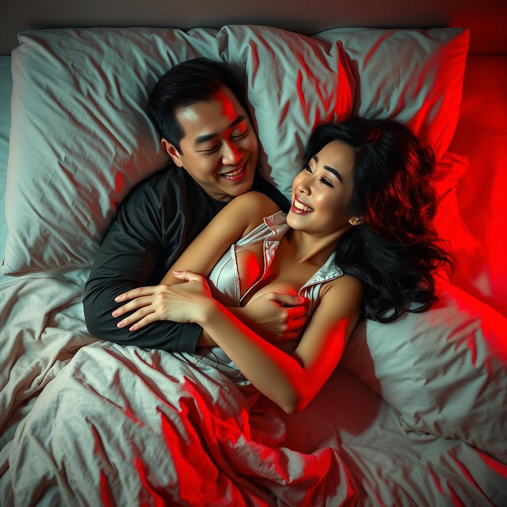 A Chinese man lying in a cozy bedroom at night, lovingly embracing a beautiful and sexy woman in stylish pajamas