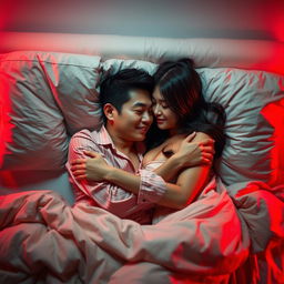 A Chinese man lying in a cozy bedroom at night, lovingly embracing a beautiful and sexy woman in stylish pajamas