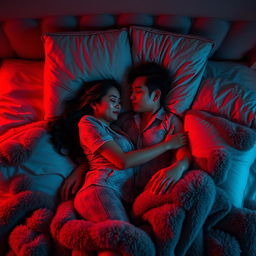 A Chinese man lying in a cozy bedroom at night, embracing a beautiful and sexy woman wearing stylish pajamas