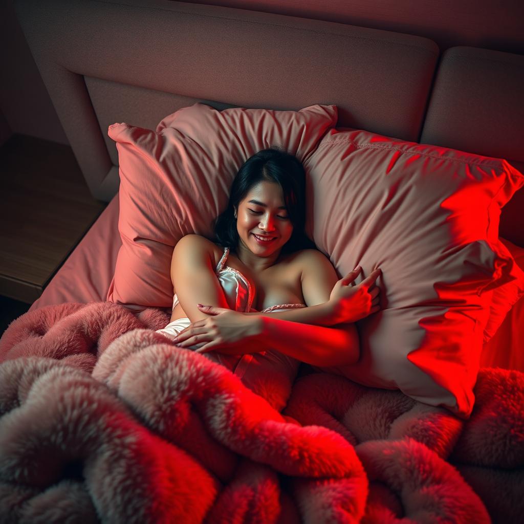 A Chinese man lying in a cozy bedroom at night, embracing a beautiful and sexy woman wearing stylish pajamas
