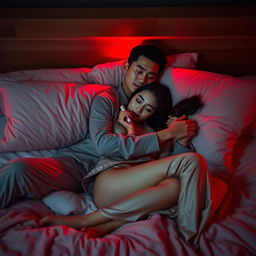 A serene and intimate scene of a Chinese man lying in a cozy bedroom at night, embracing a beautiful and sexy woman in elegant pajamas