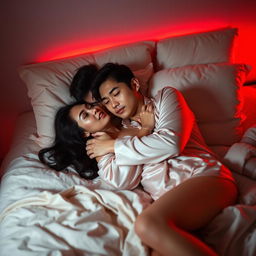 A serene and intimate scene of a Chinese man lying in a cozy bedroom at night, embracing a beautiful and sexy woman in elegant pajamas