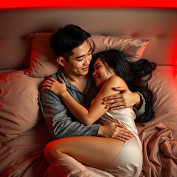 A serene and intimate scene of a Chinese man lying in a cozy bedroom at night, embracing a beautiful and sexy woman in elegant pajamas