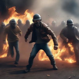 A high-quality digital art piece showcasing a chaotic riot scene