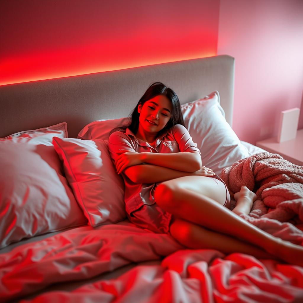 A cozy bedroom scene at night featuring a Chinese man lying down, warmly hugging a beautiful and sexy woman dressed in fashionable pajamas
