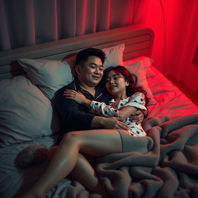 A cozy bedroom scene at night featuring a Chinese man lying down, warmly hugging a beautiful and sexy woman dressed in fashionable pajamas