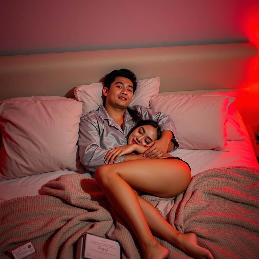 A cozy bedroom scene at night featuring a Chinese man lying down, warmly hugging a beautiful and sexy woman dressed in fashionable pajamas