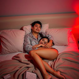 A cozy bedroom scene at night featuring a Chinese man lying down, warmly hugging a beautiful and sexy woman dressed in fashionable pajamas