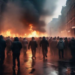 A high-quality digital art image vividly capturing a riot in a city street