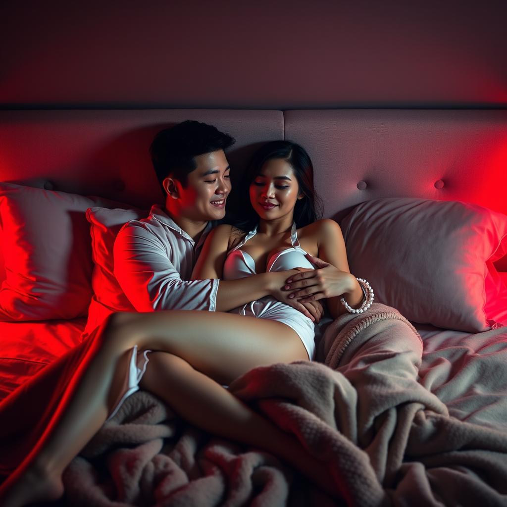 A cozy and intimate scene in a dimly lit bedroom at night, featuring a Chinese man lying down and embracing a beautiful, sexy woman dressed in chic pajamas