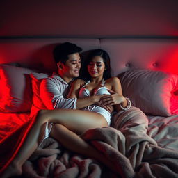 A cozy and intimate scene in a dimly lit bedroom at night, featuring a Chinese man lying down and embracing a beautiful, sexy woman dressed in chic pajamas