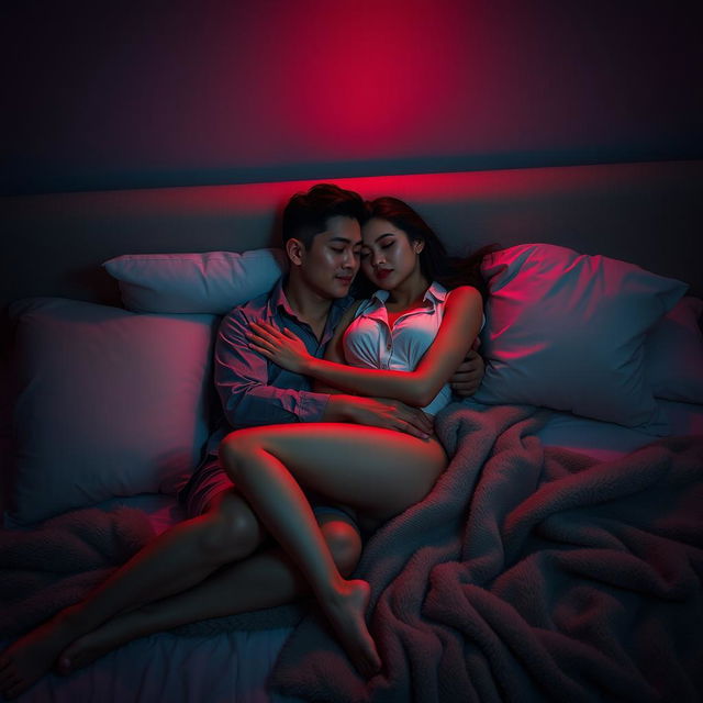 A cozy and intimate scene in a dimly lit bedroom at night, featuring a Chinese man lying down and embracing a beautiful, sexy woman dressed in chic pajamas
