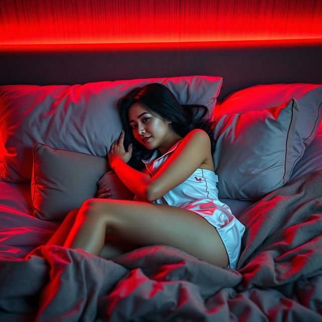 An intimate bedroom scene at night showcasing a Chinese man lying down and hugging a beautiful, sexy woman who is wearing stylish pajamas