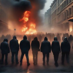 A high-quality digital art image vividly capturing a riot in a city street