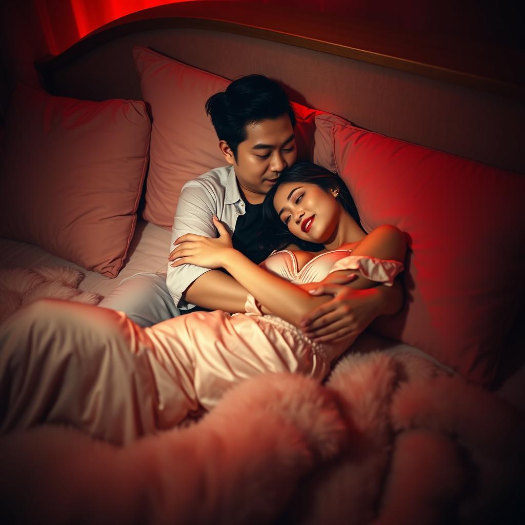 A romantic scene set in a cozy bedroom at night, showcasing a Chinese man lying down and gently hugging a beautiful, sexy woman who is wearing elegant pajamas