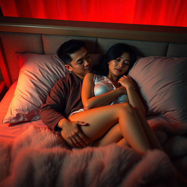 A romantic scene set in a cozy bedroom at night, showcasing a Chinese man lying down and gently hugging a beautiful, sexy woman who is wearing elegant pajamas
